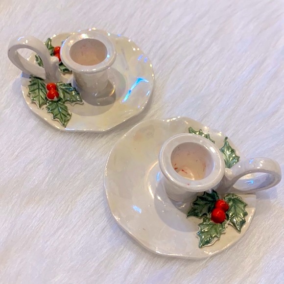 Vintage Ceramic Holly & Berries Candle Stick Holders Lusterwear 50’s /60’s - Picture 1 of 7